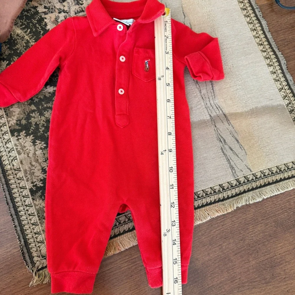 Ralph Lauren Baby Red Polo Romper 3M Embroidered‎ Pony Long Sleeve